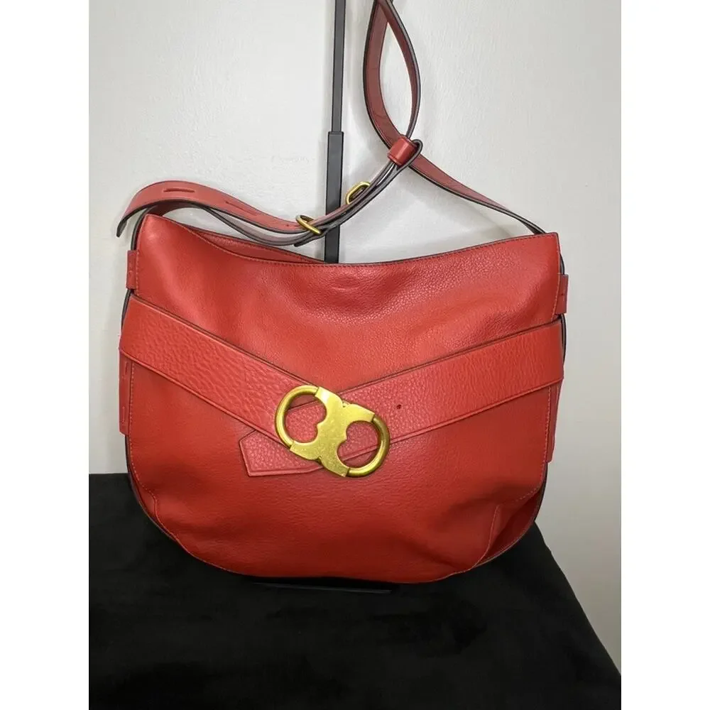 Tory Burch Gemini Link Belted Hobo Red Pebbled Leather Shoulder Bag